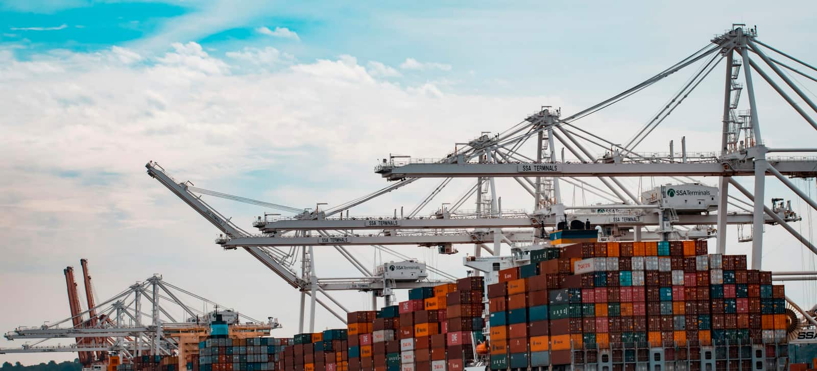 Container vessels worked by ship-to-shore gantry cranes along a deep-water quay